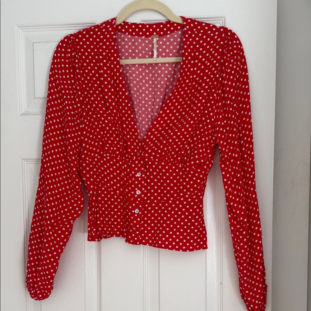 Free People Red Polka Dot Button-Front Blouse